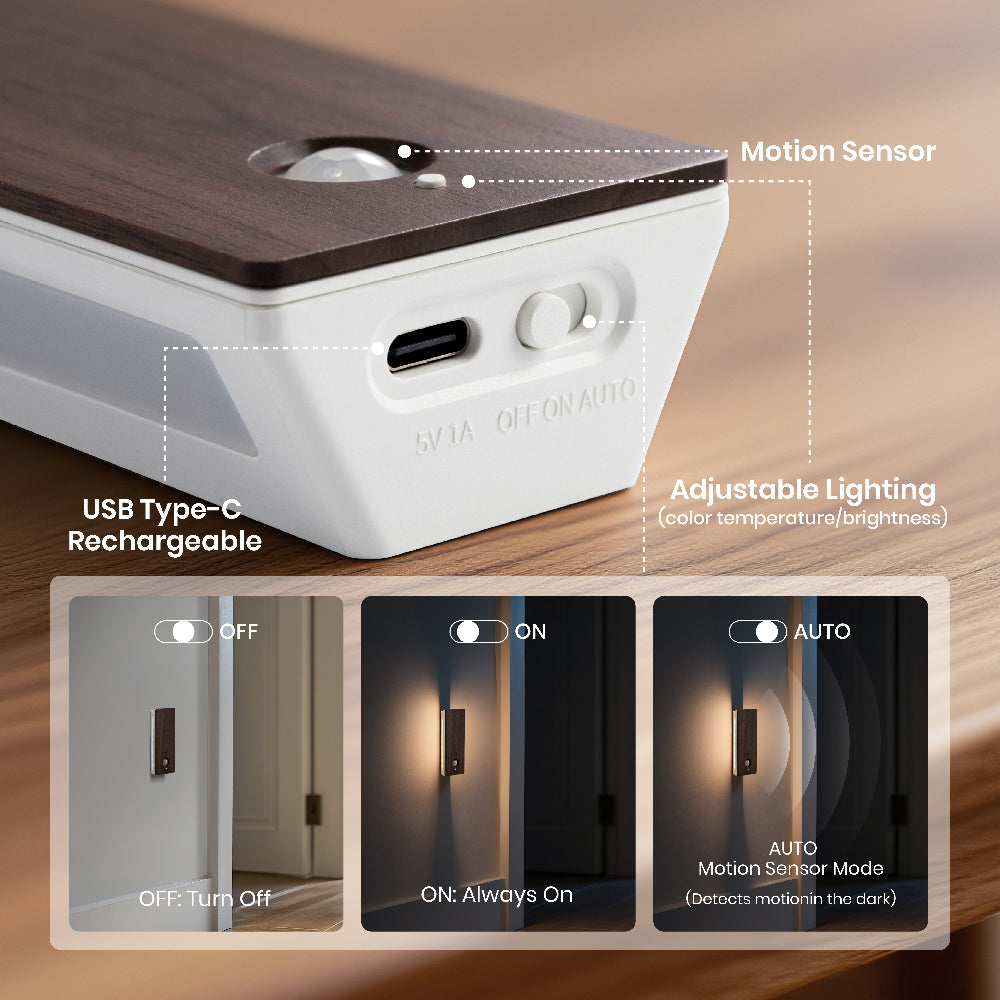 Square Dual-Sided Backlit Motion Sensor Light｜Black Walnut